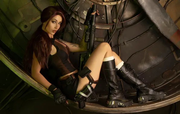 Picture gun, boots, tattoo, costume, red, Lara Croft, rifle, holster