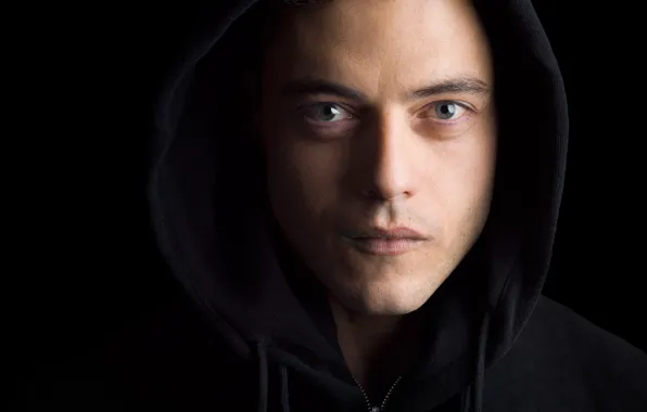 Picture look, face, hood, the series, black background, closeup, TV Series, Rami Malek