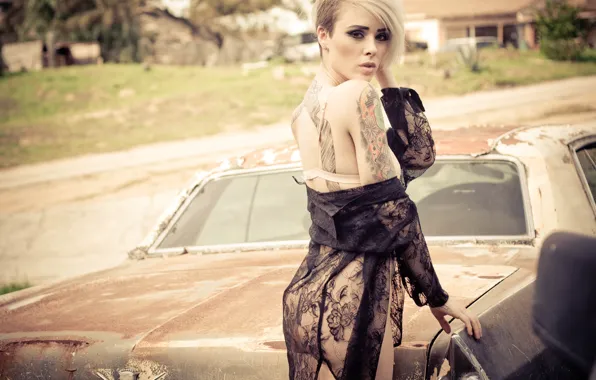 Car, girl, lingerie, ass, woman, model, tattoo, blonde