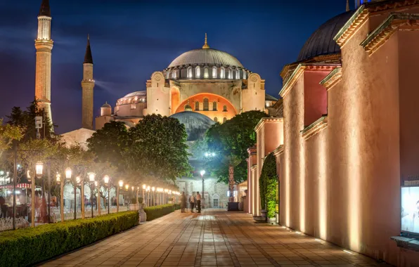 The city, street, the evening, lighting, lights, tower, mosque, architecture