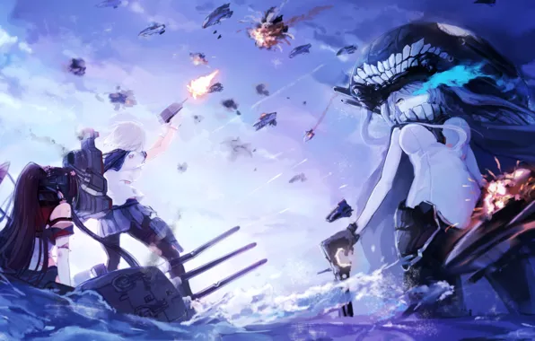 Picture water, weapons, girls, ships, anime, art, the battle, magicxiang