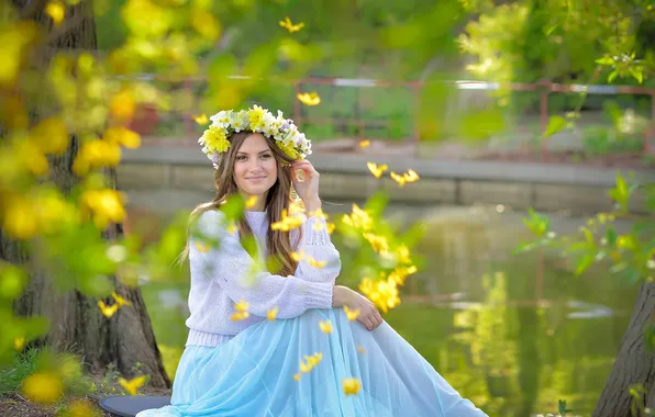 Look, girl, pose, spring, wreath