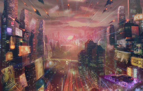 The city, future, home, skyscrapers, advertising, art, megapolis