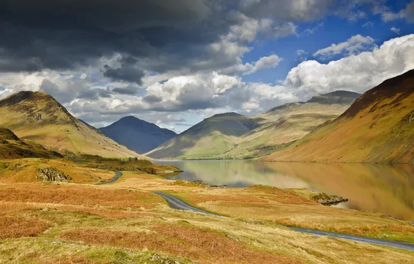 Road, autumn, clouds, mountains, clouds, lake, reflection, river