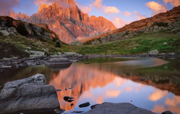 Sunset, mountains, nature, lake, reflection