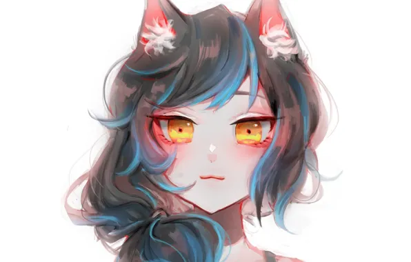 Face, eyelashes, white background, the girl-cat, yellow eyes, bangs, curly hair, neko girl