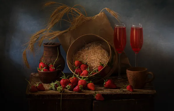 Berries, the dark background, table, wall, wine, glasses, strawberry, Cup