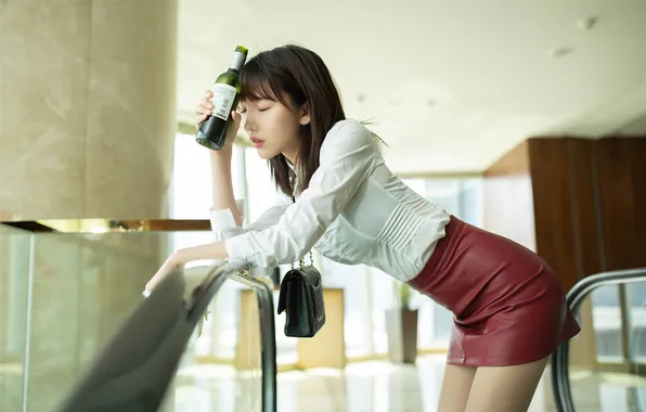Pose, mood, model, bottle, skirt, makeup, figure, brunette