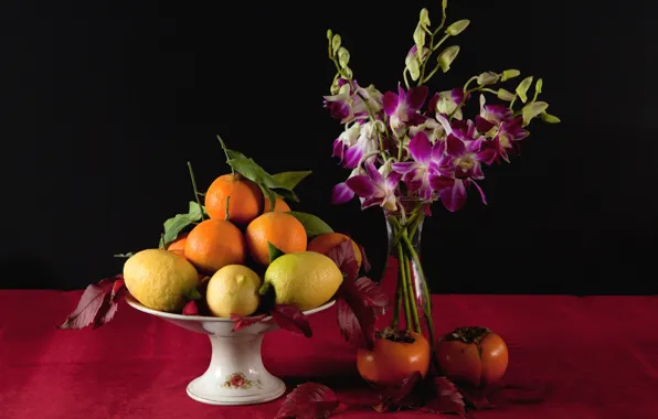 Flowers, lemon, orange, vase, fruit, still life, persimmon