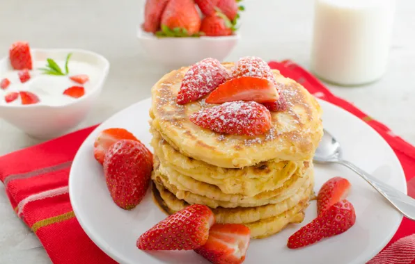 Milk, strawberry, pancakes