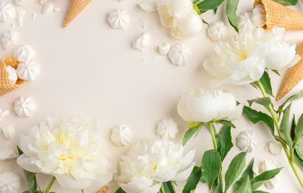 Picture flowers, ice cream, white, white, horn, flowers, beautiful, peonies