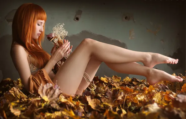 Picture autumn, leaves, redhead, Saju, beautiful legs