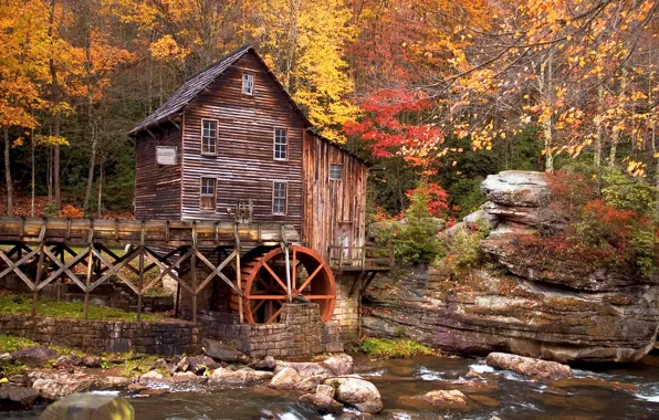 Autumn, trees, river, stones, mill, USA, Babcock State Park, river