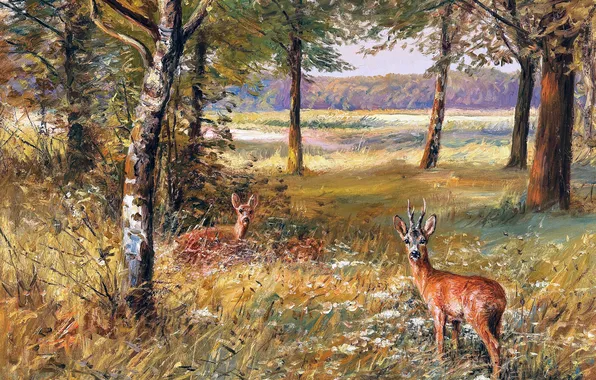 Grass, Trees, Picture, Two, German artist, Wilhelm Lorenz, Wilhelm Lorenz, Roe deer
