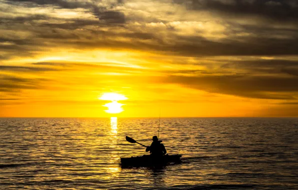 Sunset, river, boat, fishing, fisherman