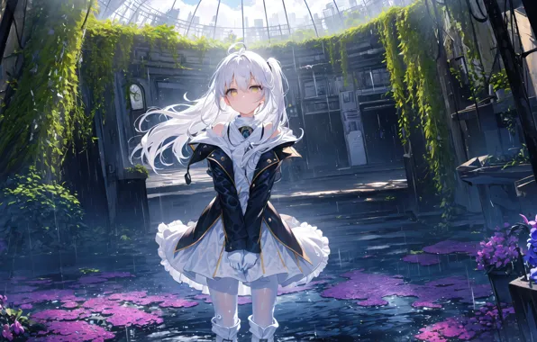 Flowers, anime, girl, ruins, white dress, white hair, inside, the old building