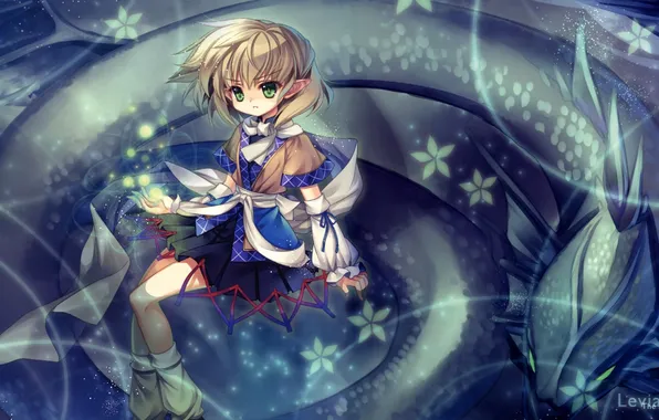 Picture magic, dragon, art, girl, flowers, touhou, capura lin, mizuhashi parsee