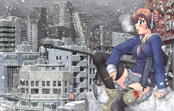 Picture ice, winter, girl, snow, the city, weapons, disaster, headphones