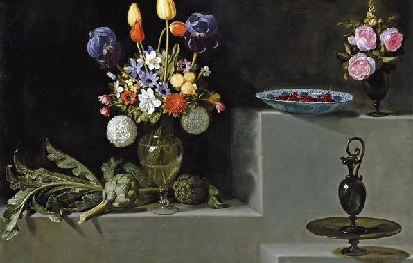 Picture, vase, Flowers and Glassware, -Juan van der Amen and Leon, Still life with Artichokes