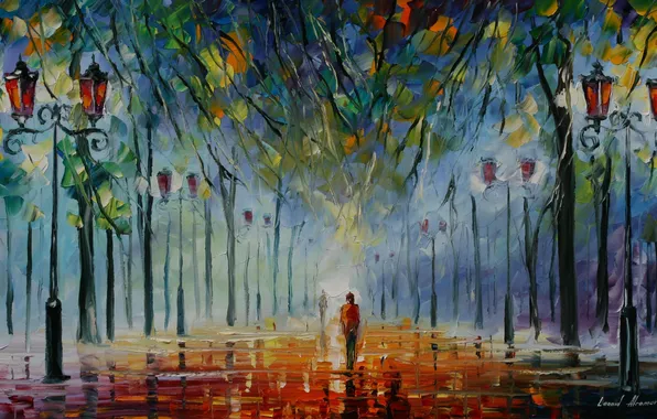 Trees, people, picture, lights, Colours of winter, Leonid afremov