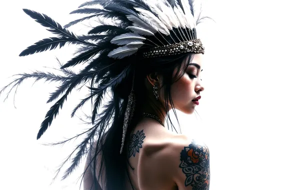 Girl, Feathers, White background, Tattoo, Indian, Peace of mind inside