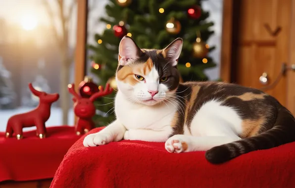 Cat, cat, look, balls, pose, room, window, Christmas