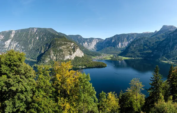 Picture autumn, trees, mountains, lake, Austria, village, Alps, Austria