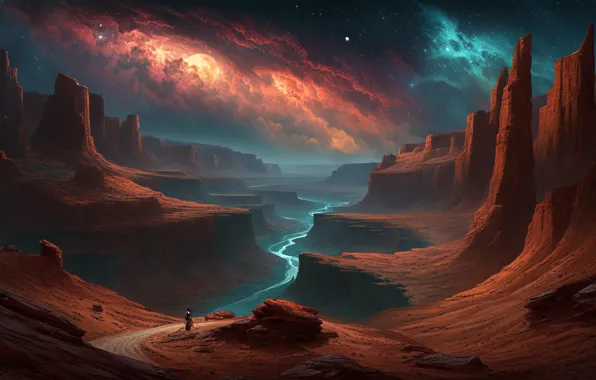 River, sky, landscape, art, mountains, stars, canyon