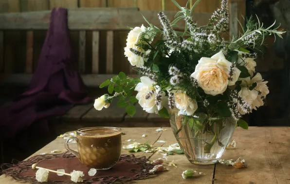 Flowers, bench, coffee, roses, bouquet, candy, mug, vase