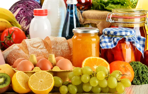 Picture eggs, bread, grapes, banks, still life, citrus