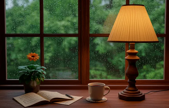 Rain, Wallpaper, view, lamp, window, art, wallpaper, rain