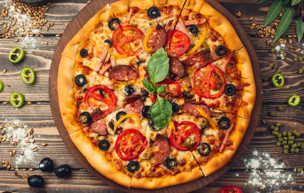 Board, vegetables, pizza