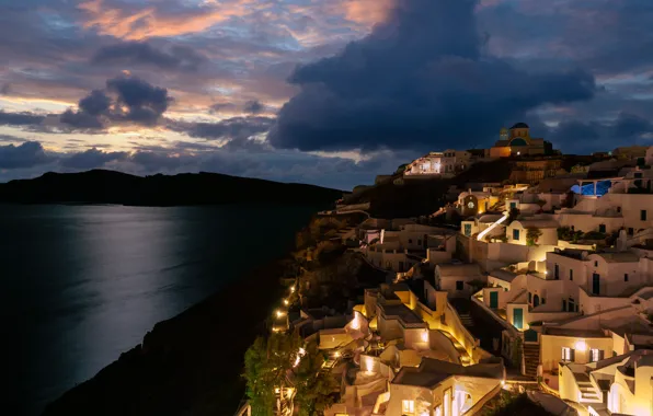Sea, the sky, clouds, night, clouds, the city, lights, shore