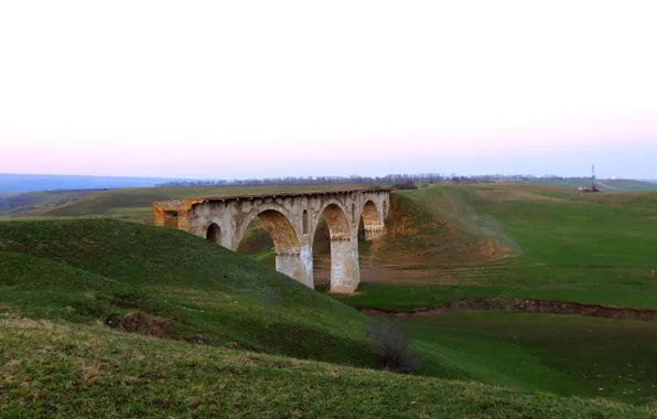 Picture the sky, mountains, bridge, nature, railroad, abandoned, old, military bridge