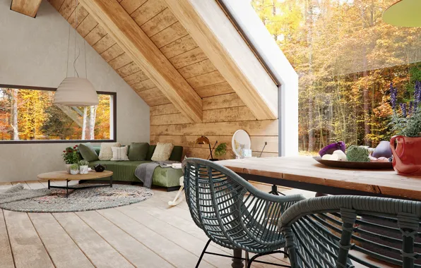 Design, style, interior, fireplace, living room, dining room, country house, house in the woods
