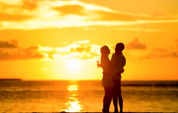 Picture sunset, the ocean, glass, the evening, pair, champagne, two