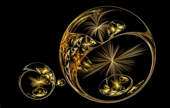Abstraction, rendering, fantasy, black background, picture, flash, lines of light, Golden spheres