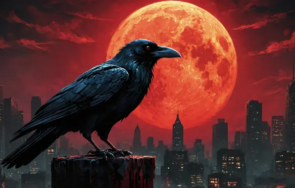 Picture city, moon, night, raven, AI art