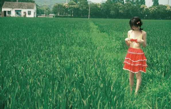 House, Asian, Model, Woman, Red Dress, Sunny, Outdoor, Plants