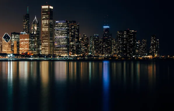 Lights, Night, Panorama, Chicago, Michigan, Skyscrapers, Building, America