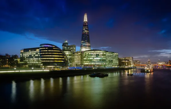 Night, the city, lights, river, London