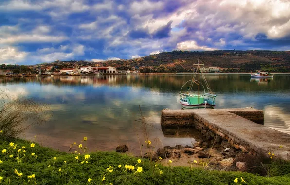 The sky, clouds, landscape, flowers, nature, lake, home, boats