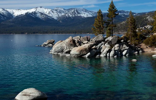 Forest, snow, trees, mountains, lake, stones, USA, Nevada