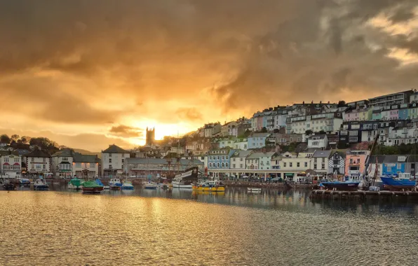 Sea, sunset, England, tower, home, promenade, harbour, Brixham