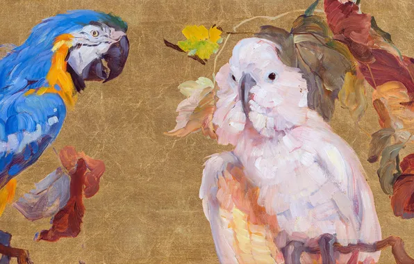 Birds, Parrots, Branches, Picture, Two, Austrian artist, Karl Feringer, Carl Fahringer