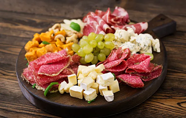 Food, cheese, grapes, sausage, cutting, appetizer, salami