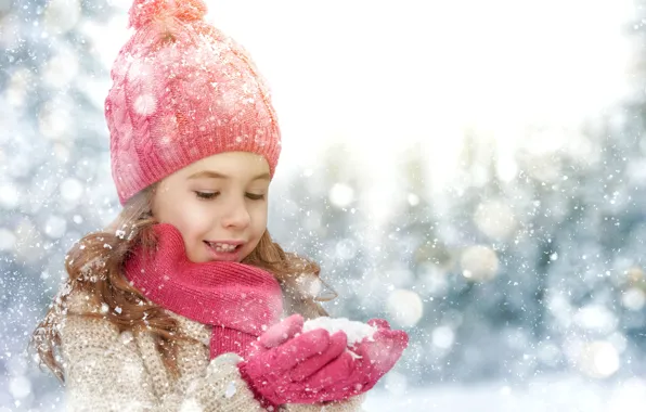 Picture winter, snow, children, hat, hands, small, girl, girl