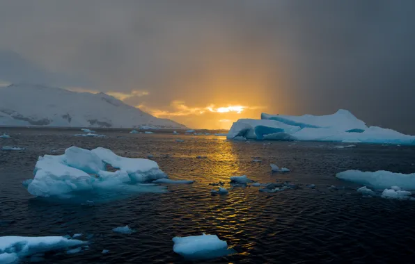 Winter, the sky, light, snow, sunset, mountains, ice, iceberg