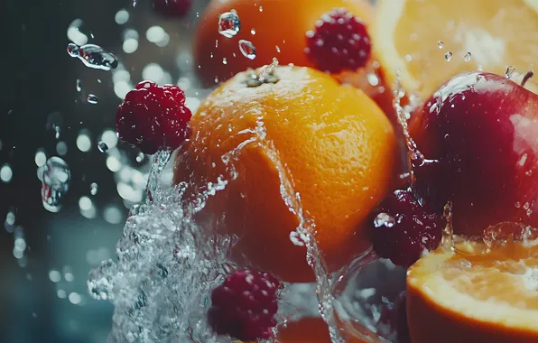 Water, squirt, berries, raspberry, splash, oranges, fruit, in the water