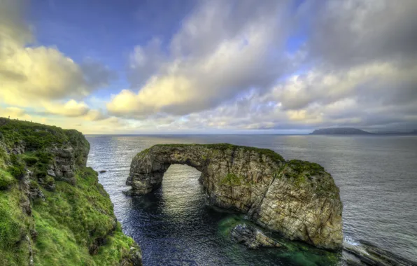 Sea, clouds, landscape, nature, rock, shore, arch, Ireland